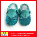 Wholesale boutique turquoise sequin cow soft sole baby leather shoes